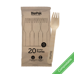 20 Pack - 16cm Wooden Fork In Paper Sleeves 400/Carton