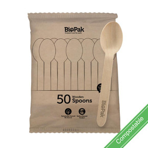 50 Pack - 16cm Wooden Spoon In Paper Sleeves 1000/Carton RT-HY-16S-20X50P-P BioPak