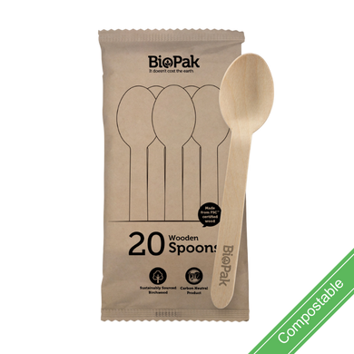 20 Pack - 16cm Wooden Spoon In Paper Sleeves 400/Carton