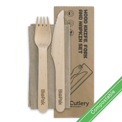 16cm Wood Knife, Fork & Napkin Set 400/Carton