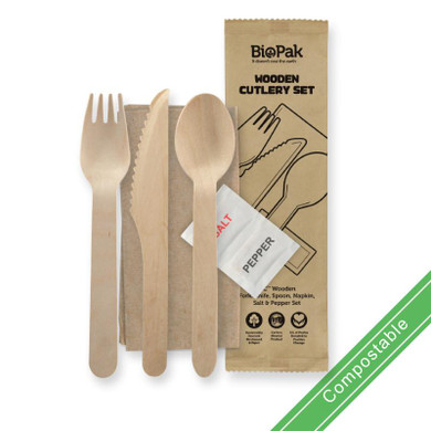 16cm Wood Knife, Fork, Spoon, Napkin, Salt & Pepper Set 400/Carton HY-16KFSNSP BioPak