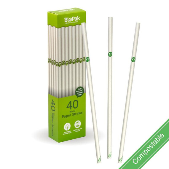 40 Pack - 6mm White Regular BioStraw 560/Carton RT-JP-PBS-6X197-40-WHITE BioPak