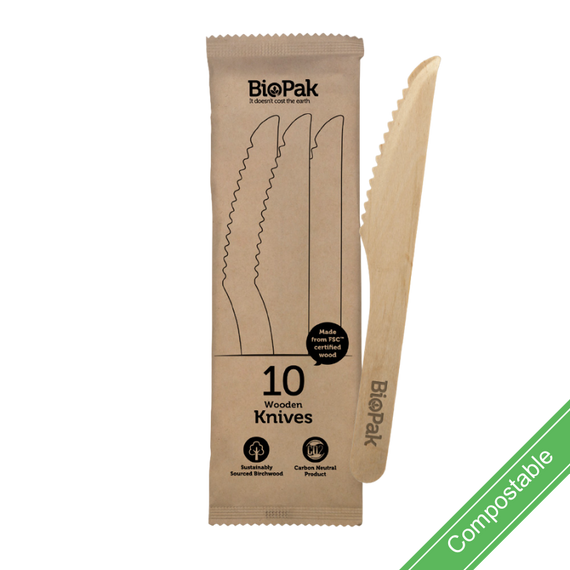 10 Pack - 16cm Wooden Knife In Paper Sleeves 320/Carton