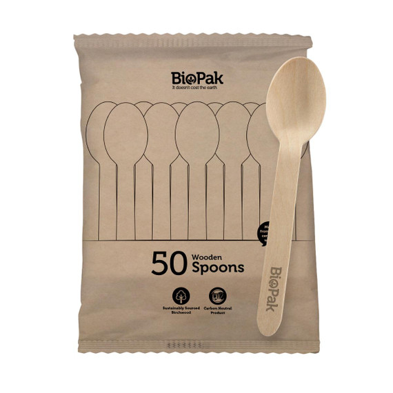 50 Pack - 16cm Wooden Spoon In Paper Sleeves 1000/Carton RT-HY-16S-20X50P-P BioPak