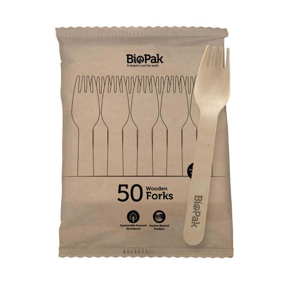 50 Pack - 16cm Wooden Fork In Paper Sleeves 1000/Carton RT-HY-16F-20X50P-P BioPak