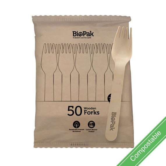 50 Pack - 16cm Wooden Fork In Paper Sleeves 1000/Carton RT-HY-16F-20X50P-P BioPak