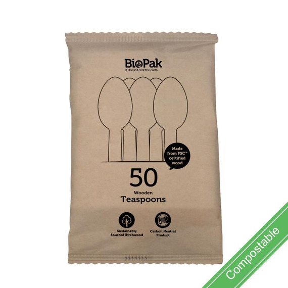 50 Pack - 10cm Wooden Teaspoon In Paper Sleeves 800/Carton RT-HY-10TS-16X50P-P BioPak