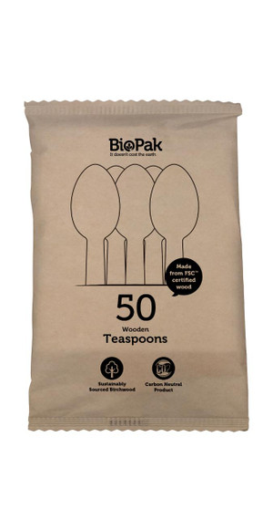 50 Pack - 10cm Wooden Teaspoon In Paper Sleeves 800/Carton RT-HY-10TS-16X50P-P BioPak