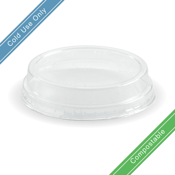 Small (76mm) PLA BioCup Flat Lid No Hole for 60, 90, 140, 150, 200, 250 & 280ml Clear BioCups 2000/Carton