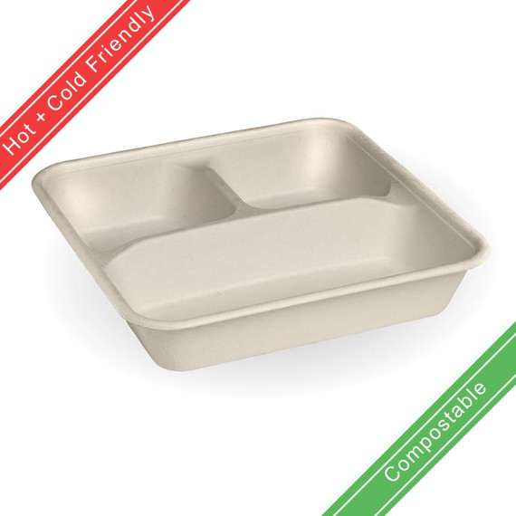 3-Compartment Natural Large BioCane Takeaway Base 300/Carton B-LB-3C-N-LARGE-PF BioPak