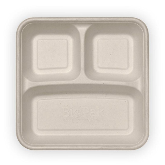 3-Compartment Natural Large BioCane Takeaway Base 300/Carton B-LB-3C-N-LARGE-PF BioPak