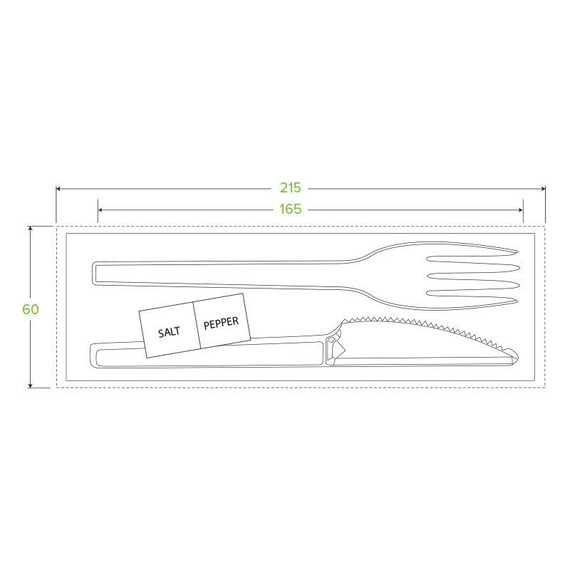 16.5cm / 6.5" PLA Knife, Fork, Napkin, Salt & Pepper Set 250/Carton GD-6.5AKFNSP-B BioPak