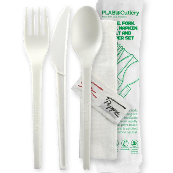 16.5cm / 6.5" Bioplastic Knife, Fork, Spoon, Napkin, Salt & Pepper Set 250/Carton GD-6.5AKFSNSP-B BioPak