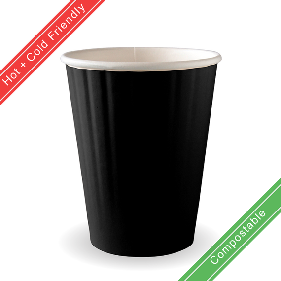 390ml / 12oz (90mm) Black Aqueous Double Wall BioCup 1000/Carton