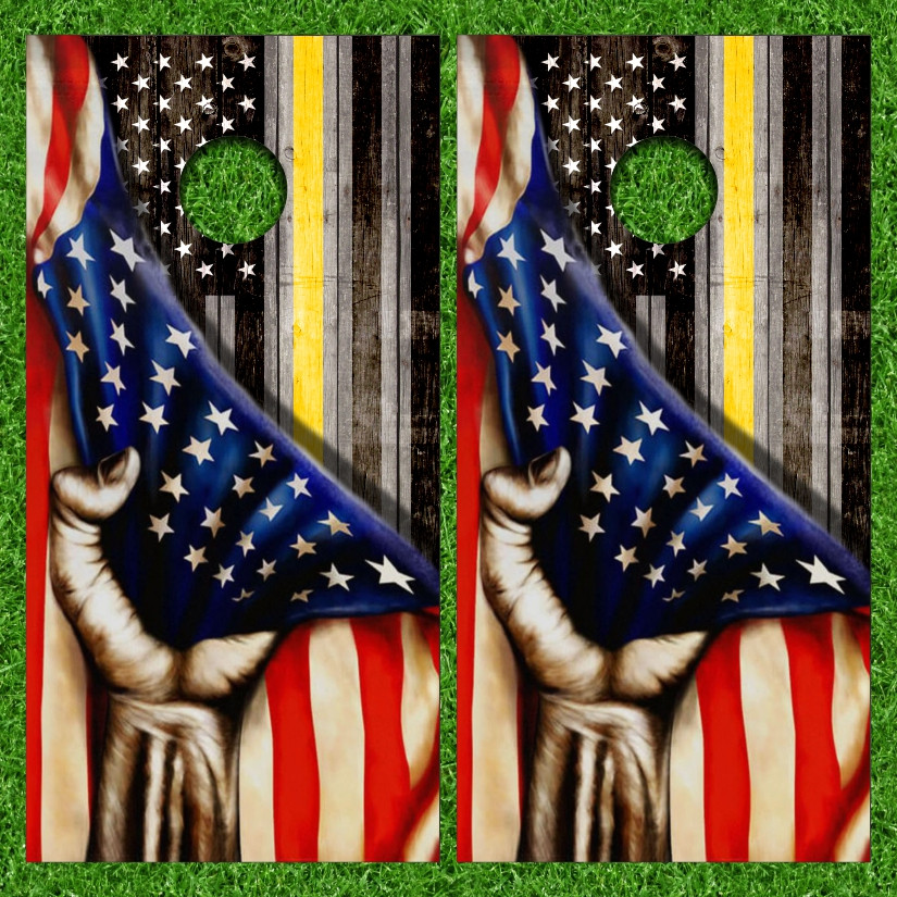 American Flag Yellow Gold Line Dispatcher Cornhole Wraps - Set of 2 ...