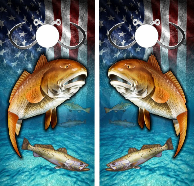 customcorntoss really hooked fish co Catfish, On! for Corn Hole Boards Shop Vinyl Design Redfish Speckled Trout Rock Flag