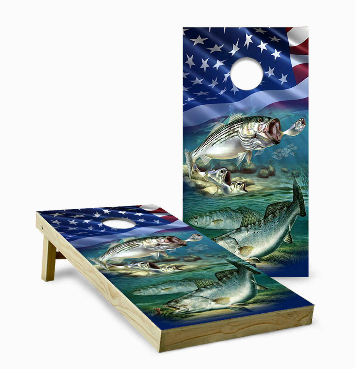 https://cdn11.bigcommerce.com/s-g1i3k/images/stencil/1280x1280/products/16077/60398/Striped_Bass_Rock_Fish_and_Trout_with_Flag_Cornhole_Board__76645.1712692334.jpg?c=2