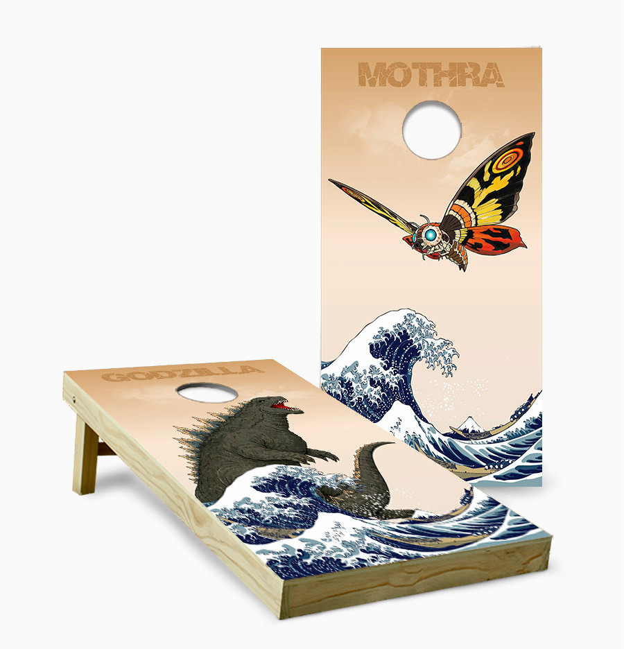 Godzilla and Mothra Cornhole Boards | Kaiju Great Wave Cornhole Set