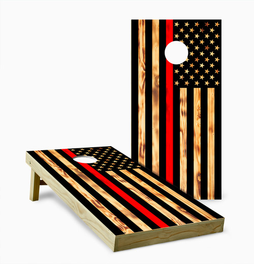 American Flag Burnt Wood Red Stripe Version 2 Cornhole Set with Bags