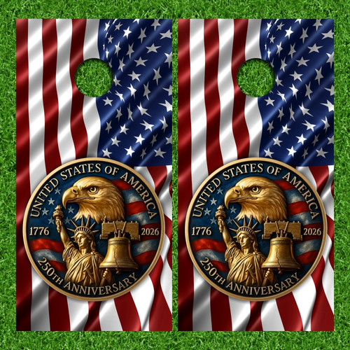 250 Years Of Freedom, American Flag Coin Cornhole Wraps - Set of 2