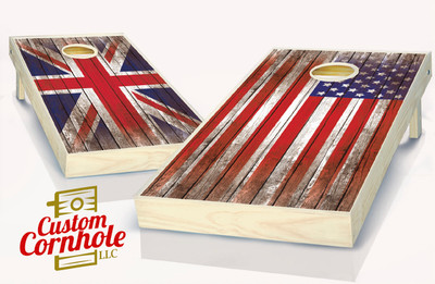 US & UK Flags Distressed Wood Cornhole Set with Bags - Custom