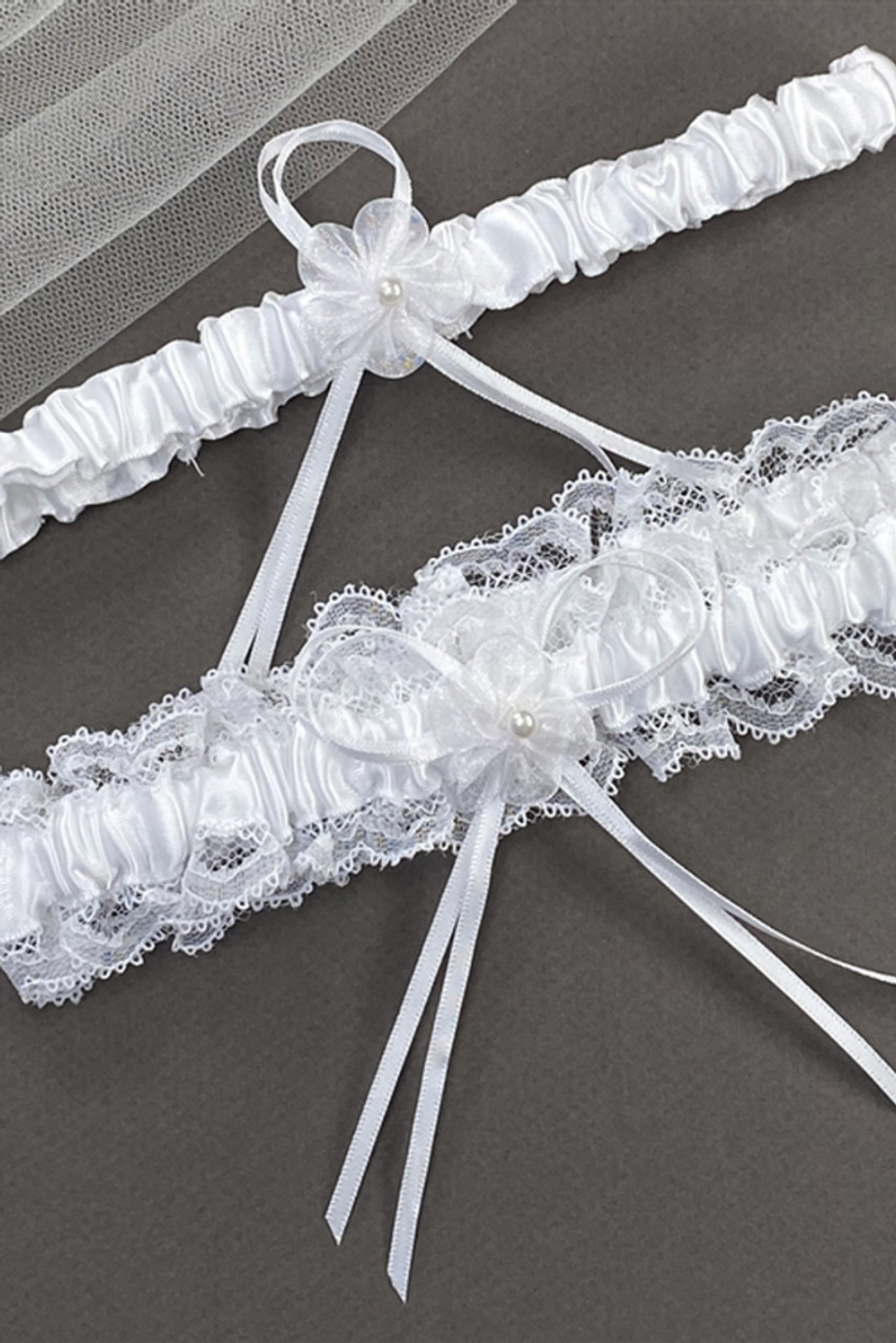 White Lace Vintage Wedding Garter Set with Satin Ribbon - White Tossing &  Keepsake Garter