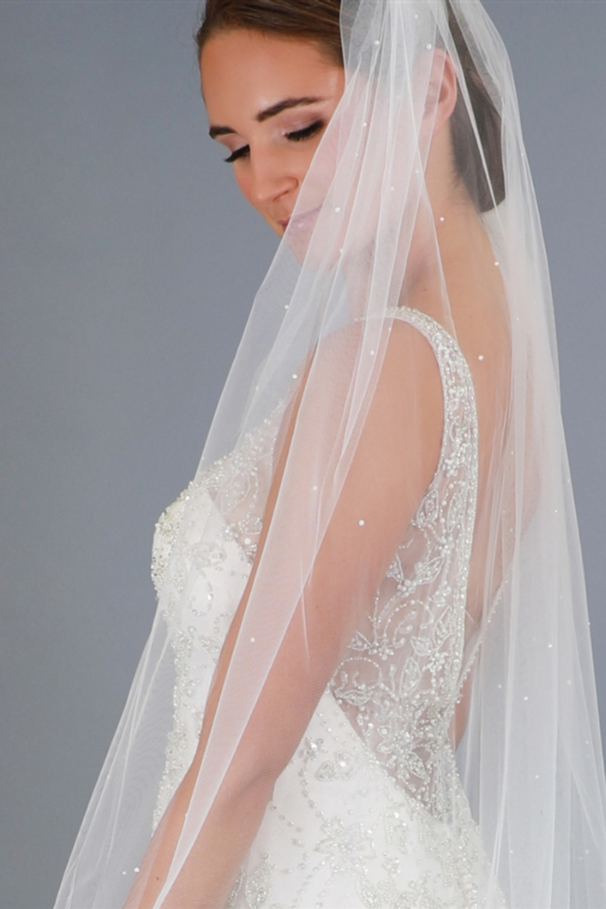 Opal Crystal and Pearl Edge Beaded Fingertip Wedding Veil