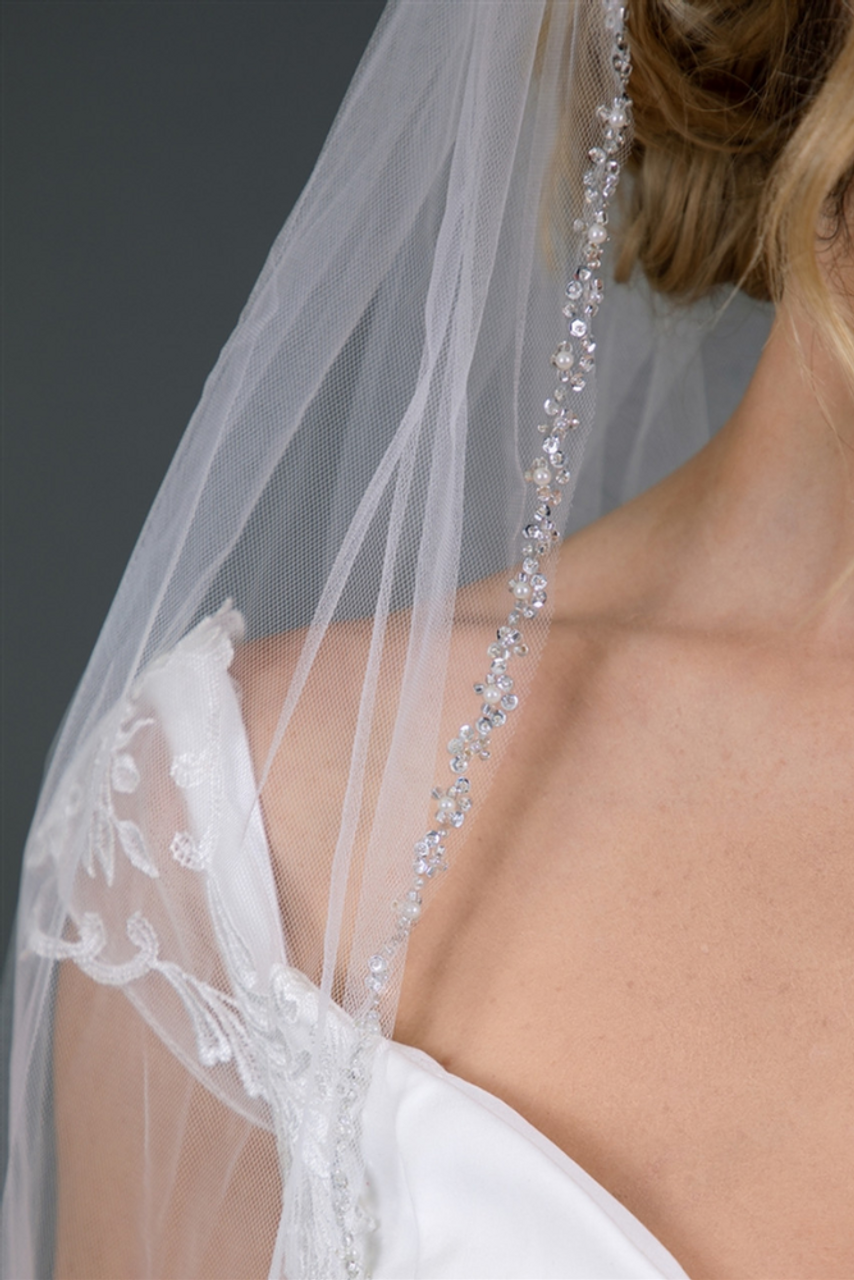 Fingertip Glitter Wedding Veil With Beaded Glitter Bridal 