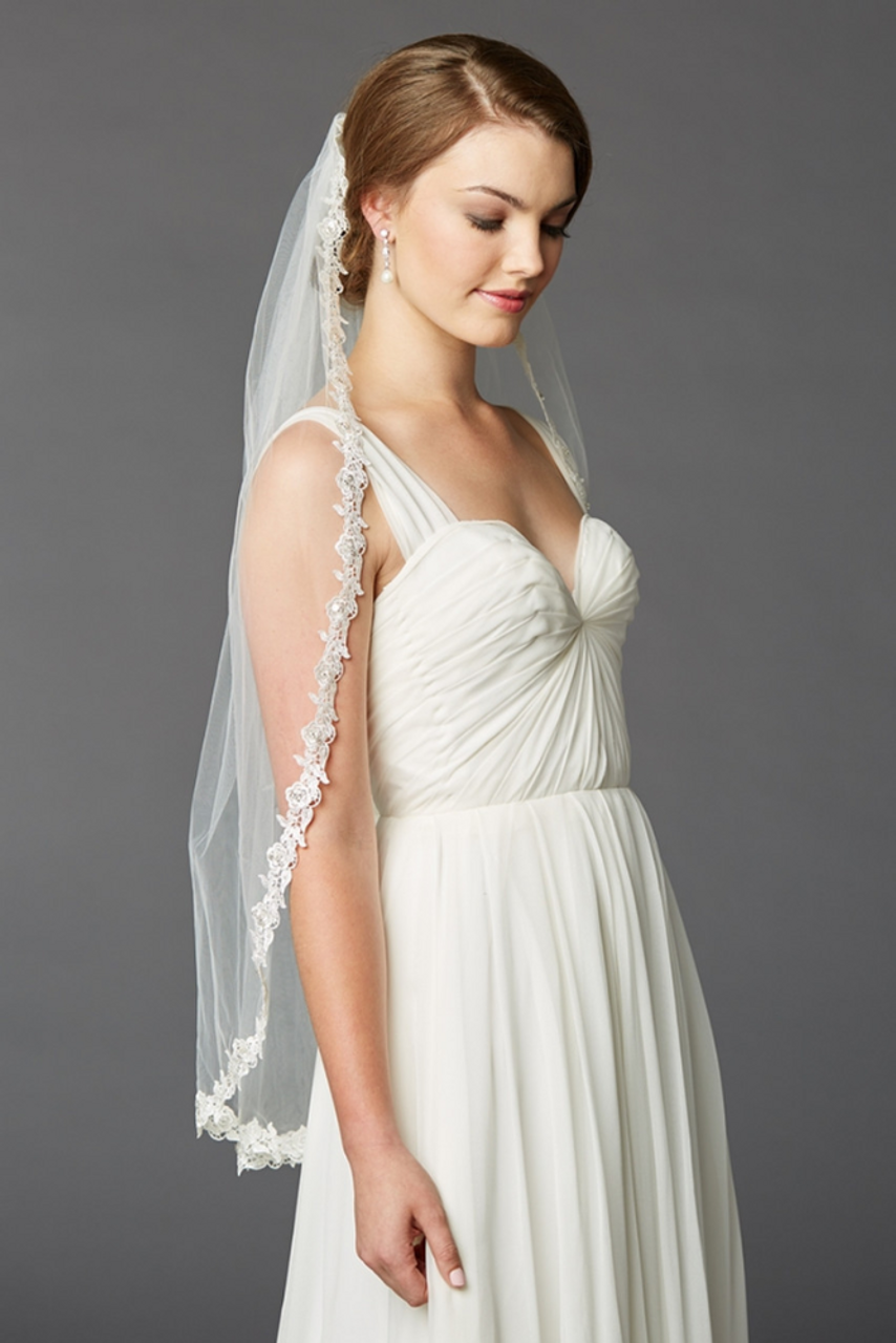 Fingertip Length Mantilla Wedding Veil with Beaded Lace Trim – One