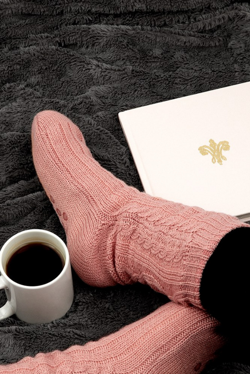 Personalised Cable Knit Slipper Socks With Fluffy Sherpa Lining