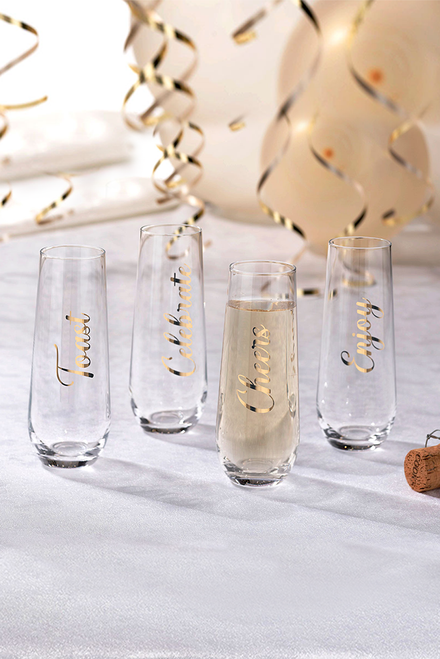 Set of 4 Stemless Champagne Glasses with Sayings