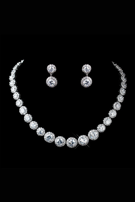 Advantage Bridal Earring & Silver Clear Round CZ Crystal Necklace