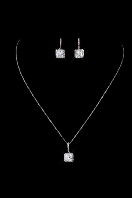 Advantage Bridal Antique Silver Clear CZ Princess Cut Necklace & Earrings