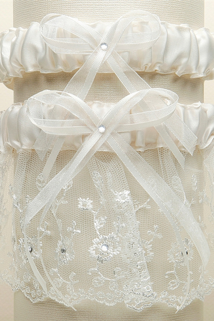 Advantage Bridal White Embroidered Wedding Garter Sets with Scattered Crystals