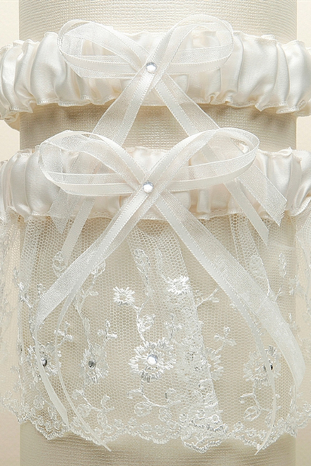 Off White Embroidered Wedding Garter Sets with Scattered Crystals - Advantage Bridal