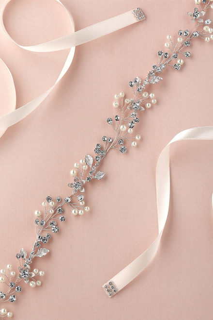 Advantage Bridal Boho Pearls & Crystal Leaves Hand Wired Floral Vine Bridal Belt on Ivory Ribbon