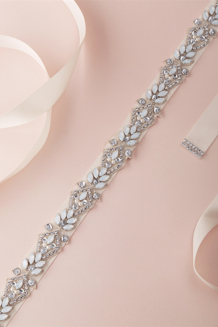 Advantage Bridal Silver Applique Bridal Belt with White Opals, Ivory Pearls & Austrian Crystal with Ivory Ribbon