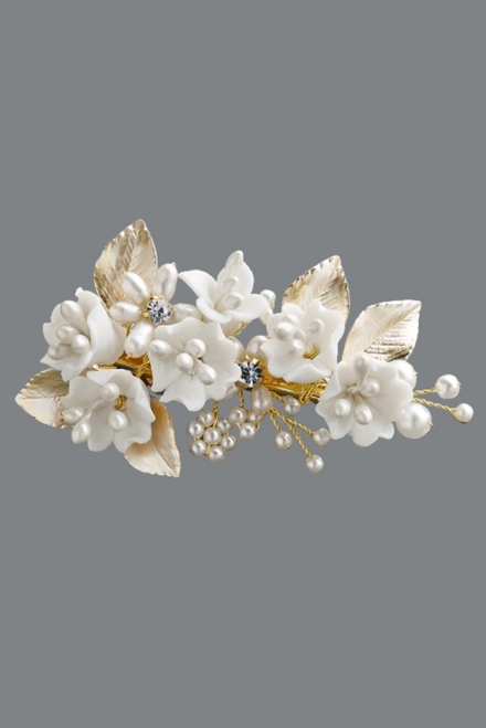 Wedding Hair Clip Floral with Light Ivory Resin Flowers and Silvery Painted Gold Leaves