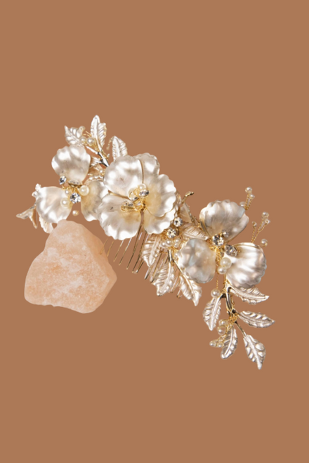 Wedding Comb Opulent Multi Layer Matte Gold Floral with Ivory Pearls and Crystal Accents