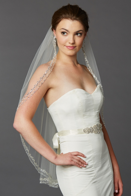 Advantage Bridal's Silver Beaded Glamorous Swarovski Crystal Fingertip 36" Wedding Veil