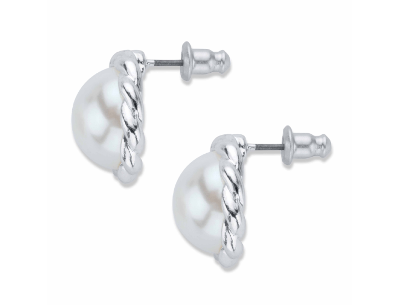 Silvertone Round Simulated Pearl Button Earrings product image