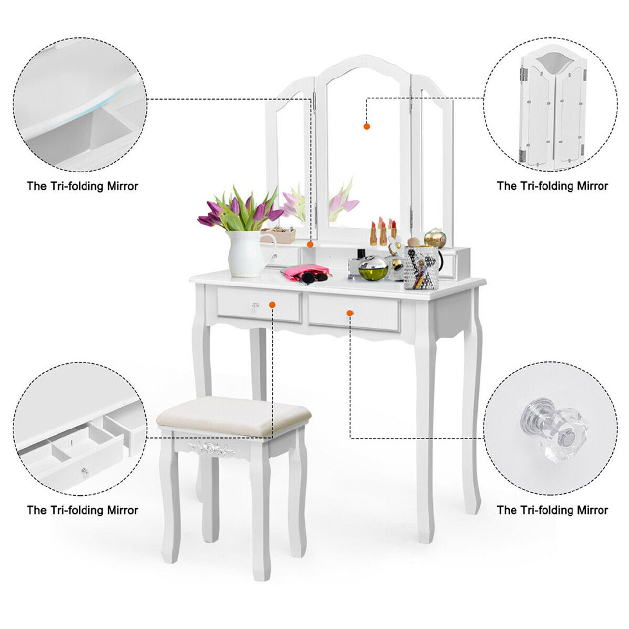 Tri-Folding Mirror Vanity Table Set with Stool product image