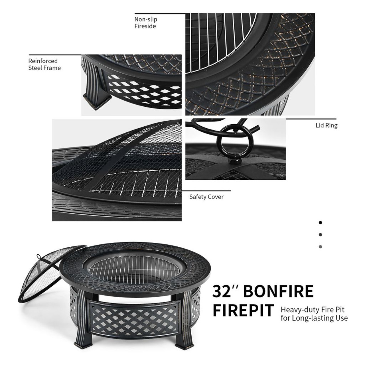 32'' Round Fire Pit Set with Rain Cover, BBQ Grill, Log Grate, and Poker product image