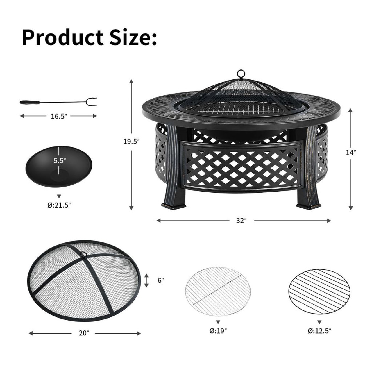 32'' Round Fire Pit Set with Rain Cover, BBQ Grill, Log Grate, and Poker product image