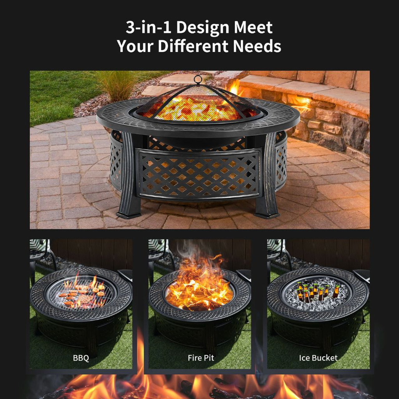 32'' Round Fire Pit Set with Rain Cover, BBQ Grill, Log Grate, and Poker product image