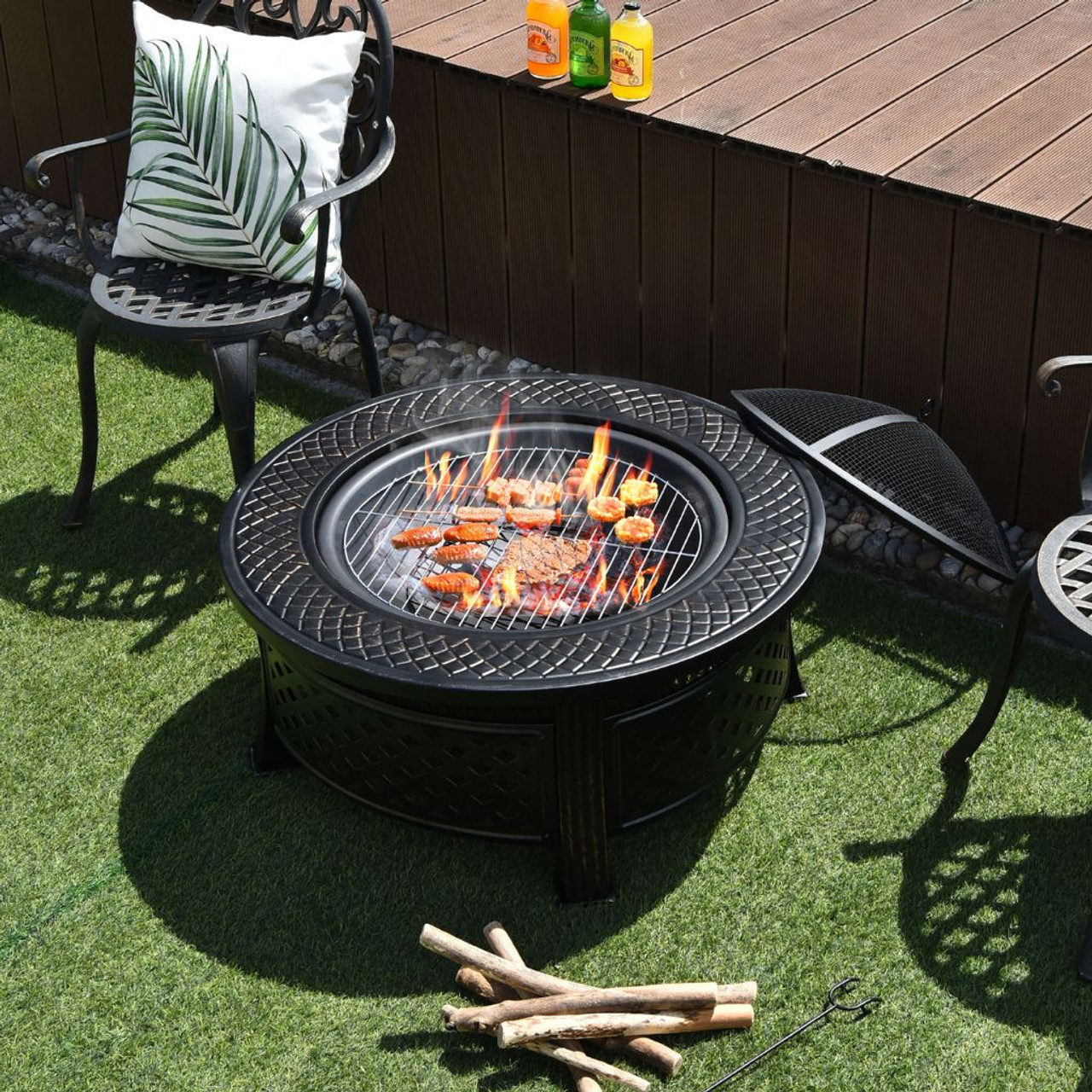 32'' Round Fire Pit Set with Rain Cover, BBQ Grill, Log Grate, and Poker product image