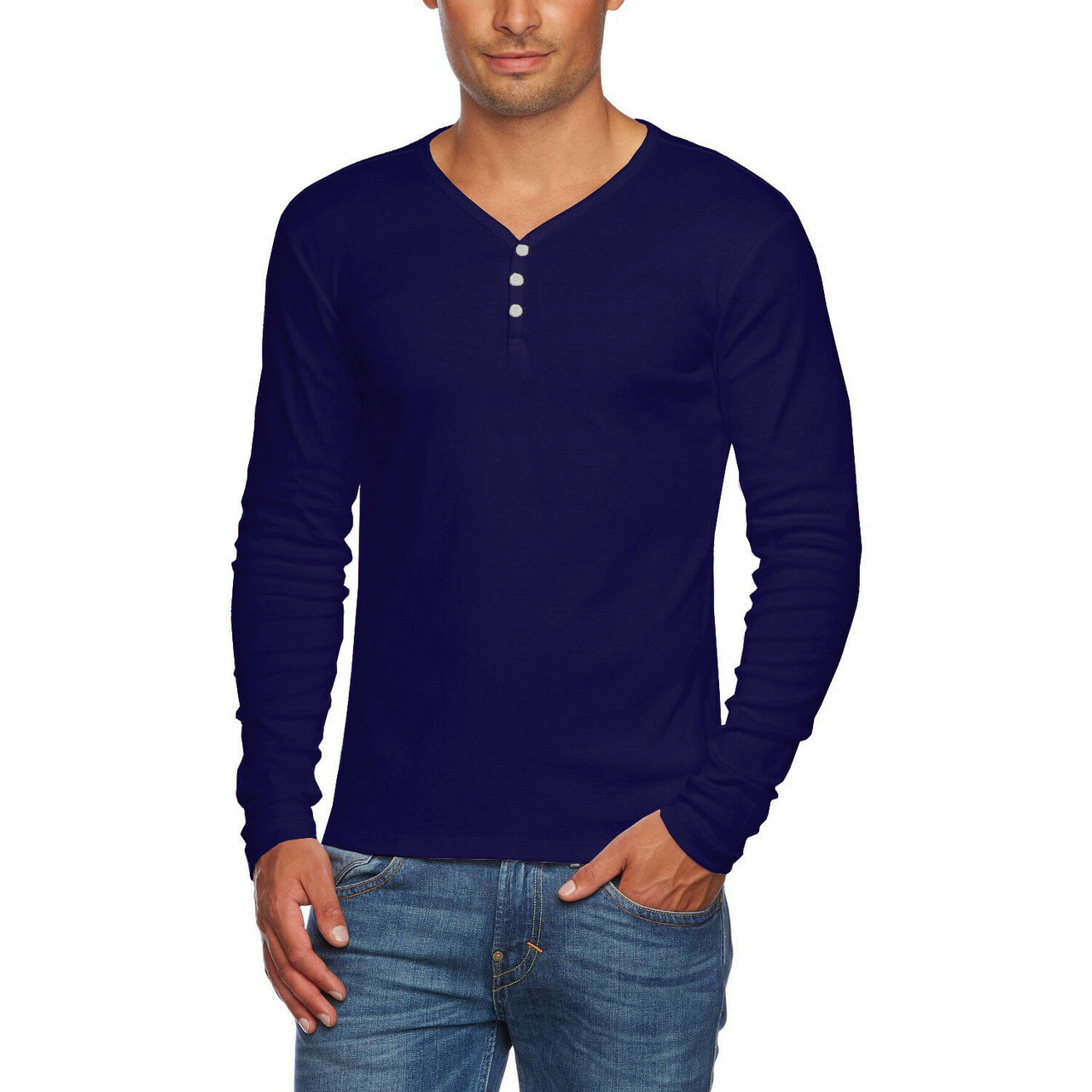 Men's Slim Fit V-Neck Long Sleeve Cotton 3-Button T-Shirt product image