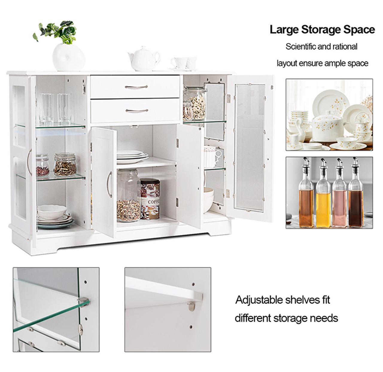 Buffet Storage Cabinet Console Cupboard with Glass Door Drawers product image