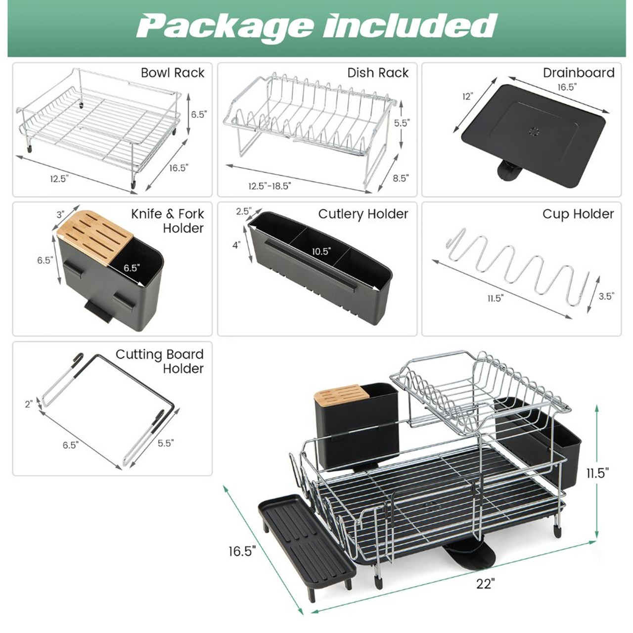 2-Tier Detachable Dish Rack with Drainboard & 360-Degree Swivel Spout product image