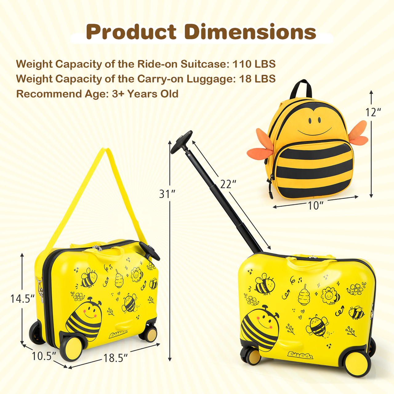 Kids' 2-Piece Ride-on Luggage Set Carry-on Suitcase & Backpack product image